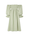 Atlanta off-the-shoulder shirred organic linen midi dress